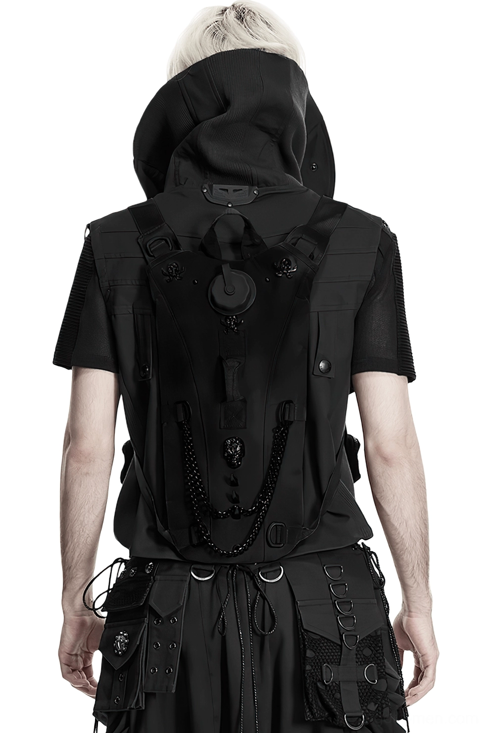 Black gothic tactical backpack with skull studs and hanging metal chains, full back view on male model wearing dark attire