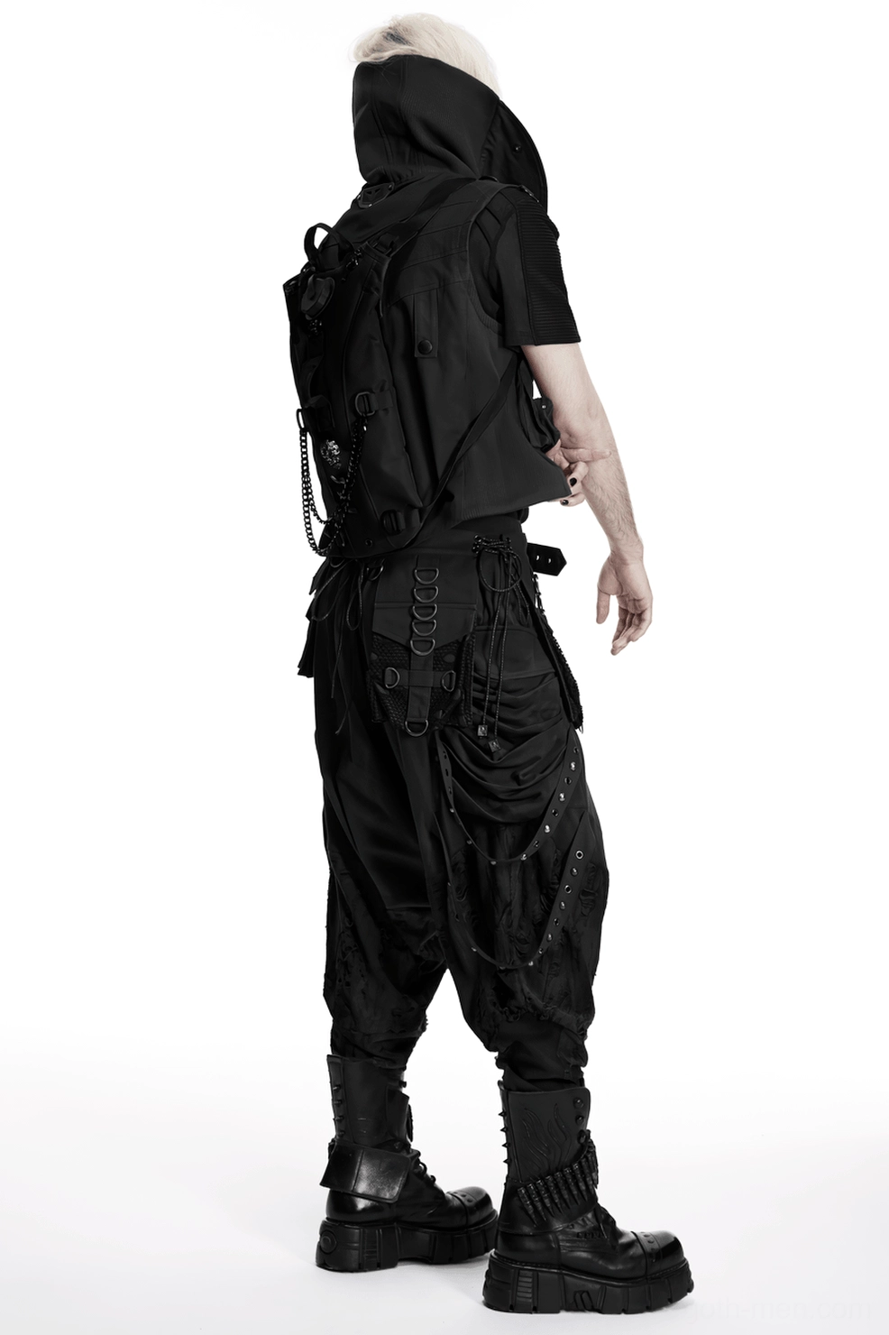Black gothic tactical backpack product hero image showcasing skull studs, metal chains, and cyberpunk aesthetic on studio background