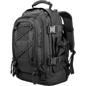 Black gothic tactical backpack 60L with MOLLE webbing and front bungee cord system - front three-quarter view