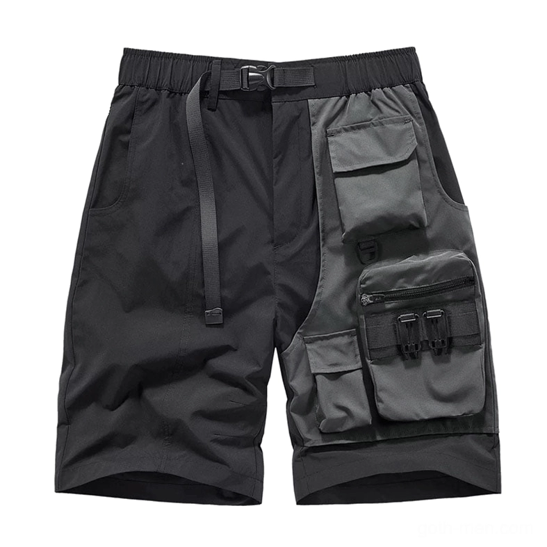 Black gothic tactical cargo shorts front flat lay view showing multiple utility pockets and colorblock design elements