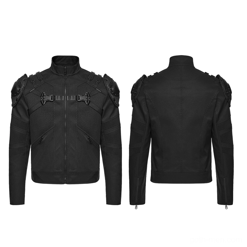 Black Gothic Tactical Jacket with Armored Shoulder Pads - Flat Lay Front and Back