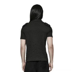 Black tactical gothic tee rear view, showing perforated knit fabric and riveted shoulder strap hardware from behind