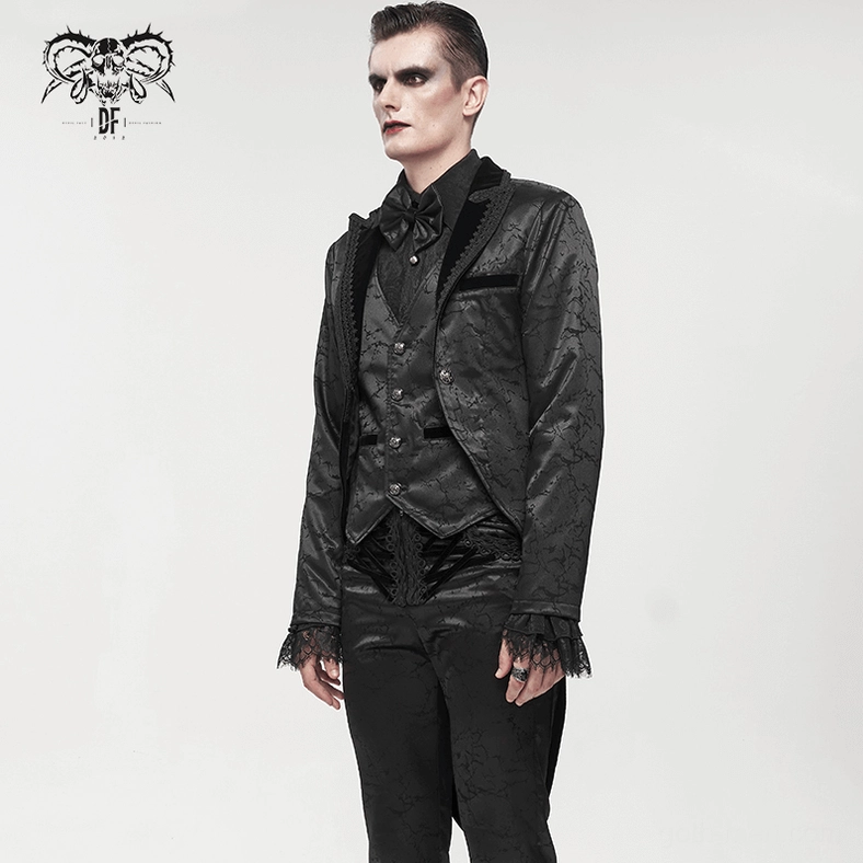 Black gothic tailcoat suit detail, showcasing button placement and front jacket structure on mannequin