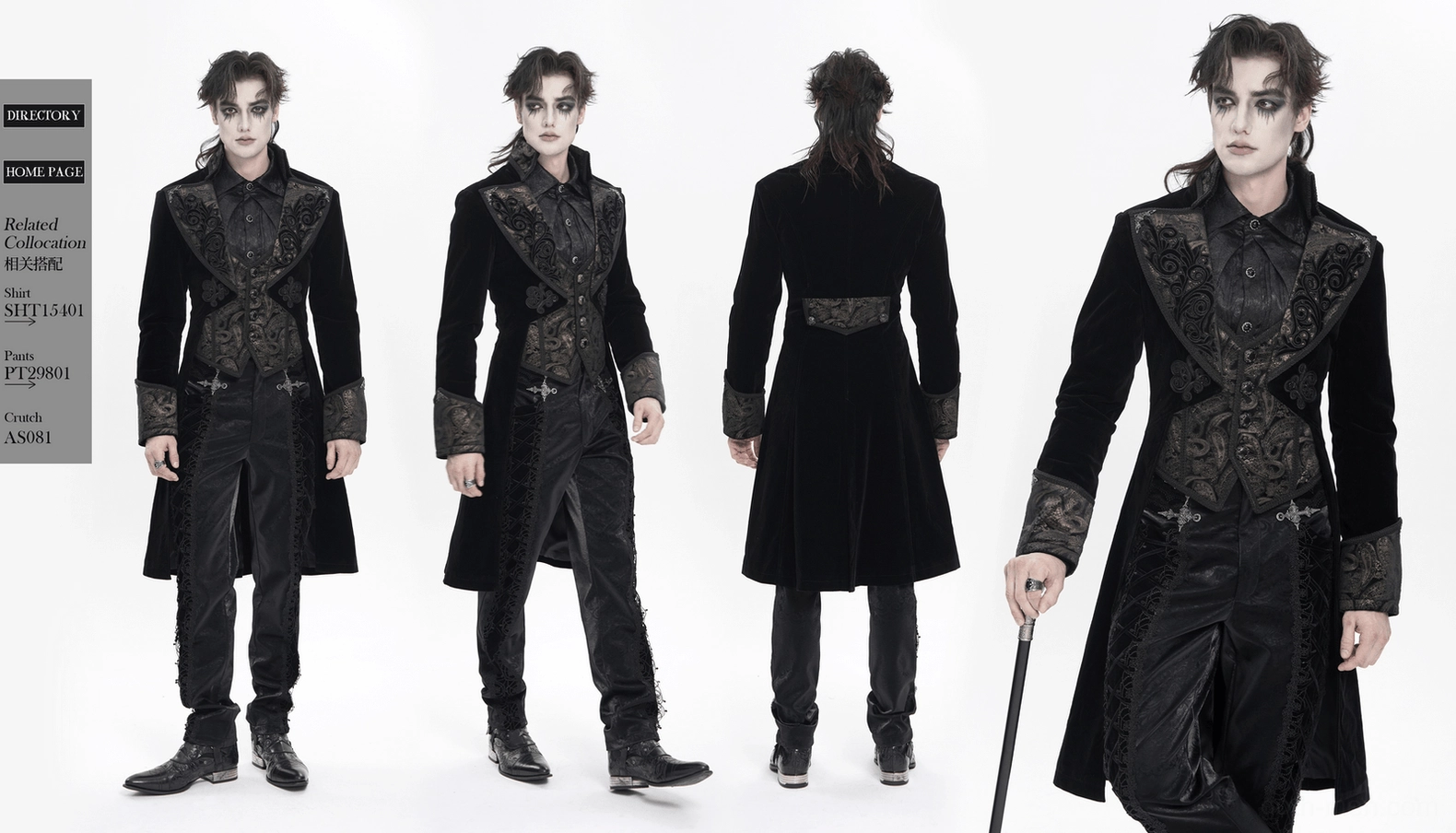 Black gothic velvet tailcoat complete display showing baroque embellishment and tailoring craftsmanship