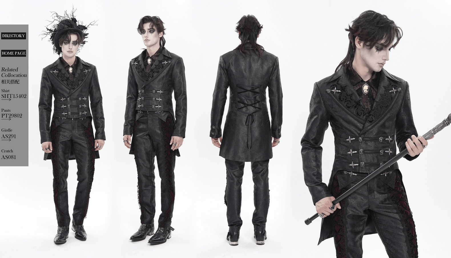 Black gothic tailcoat complete outfit view - male model wearing tailcoat with complementary pieces showing styling and fit on body