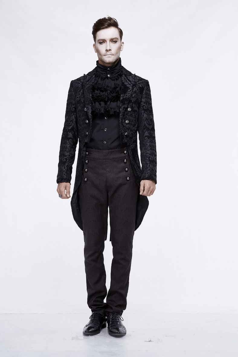 Black gothic tailcoat full outfit styling on male model – formal trousers and ruffled neck piece
