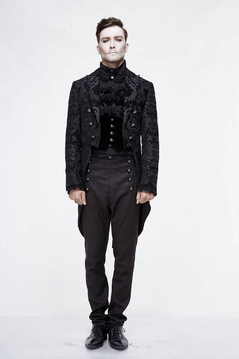 Black gothic tailcoat double-breasted detail on male model – waist buttons and tail hem accent
