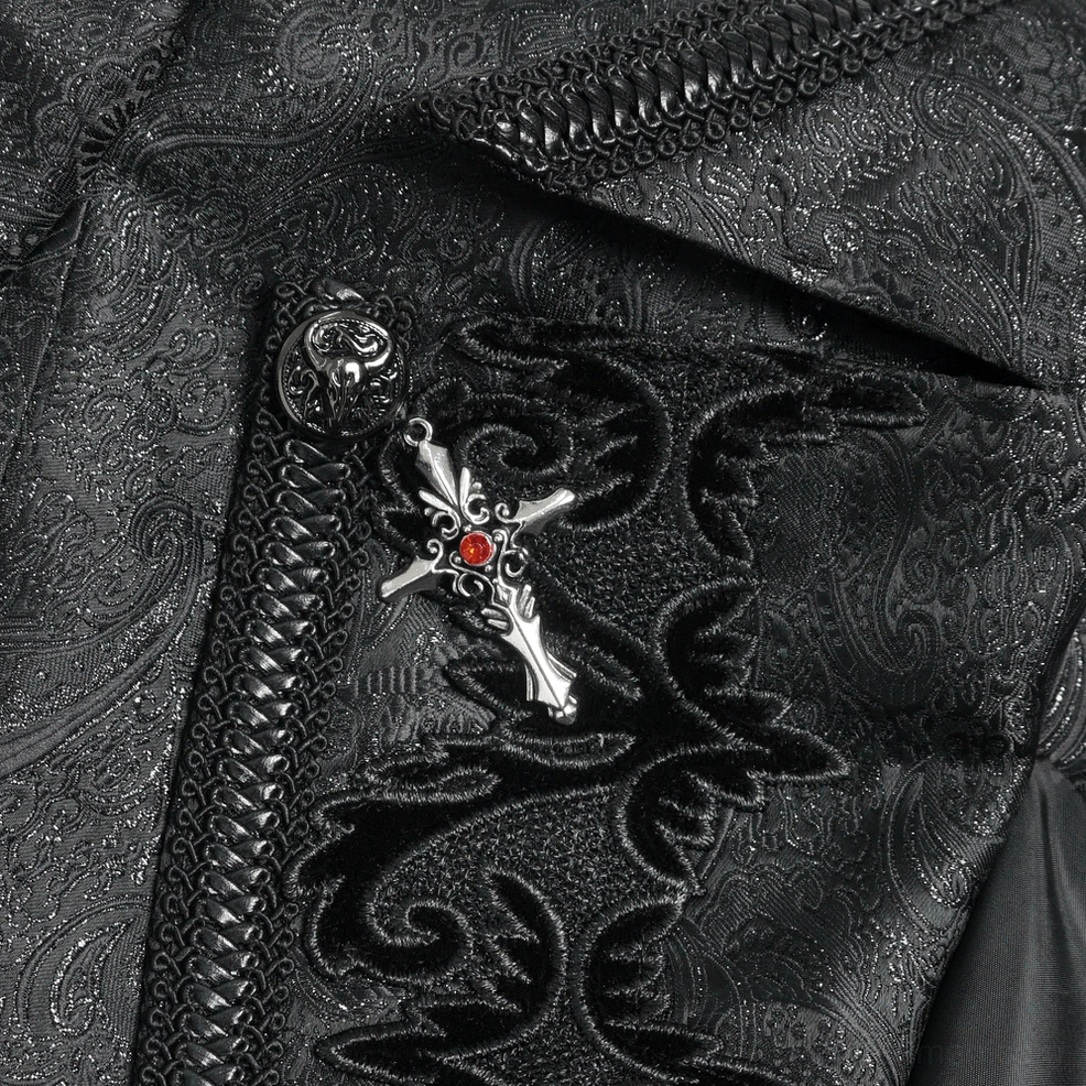 Black gothic tailcoat jacket showcasing intricate embroidered design elements and refined brocade pattern detail