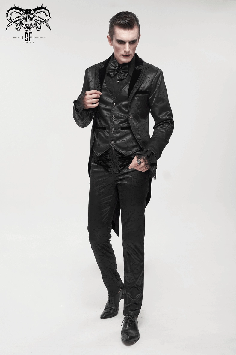 Black gothic tailcoat styling inspiration, full body view on model with formal presentation
