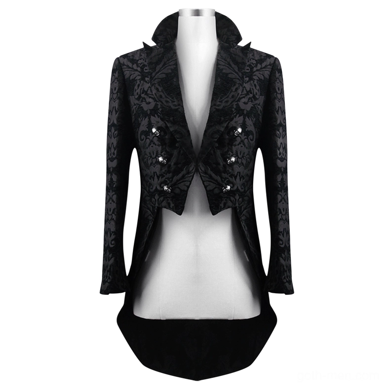 Black gothic tailcoat front flat lay on dress form – silver decorative buttons and notched lapel collar