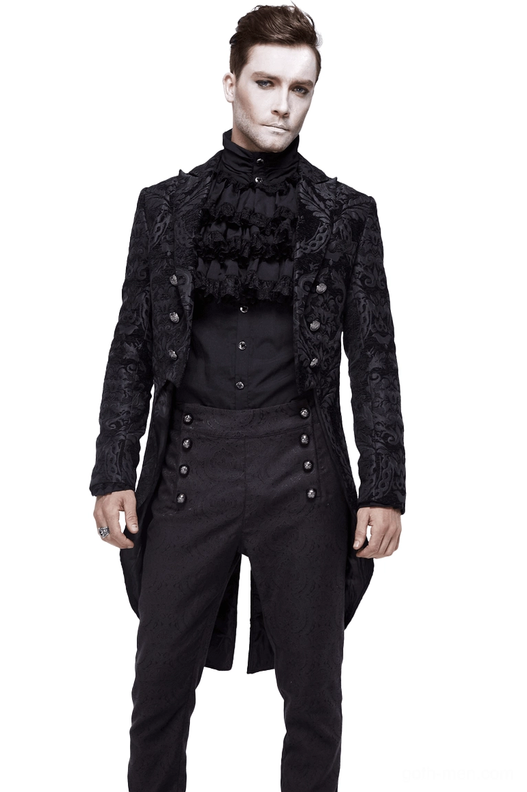 Black gothic tailcoat front view on male model – tall Victorian-inspired tail hem with silver buttons