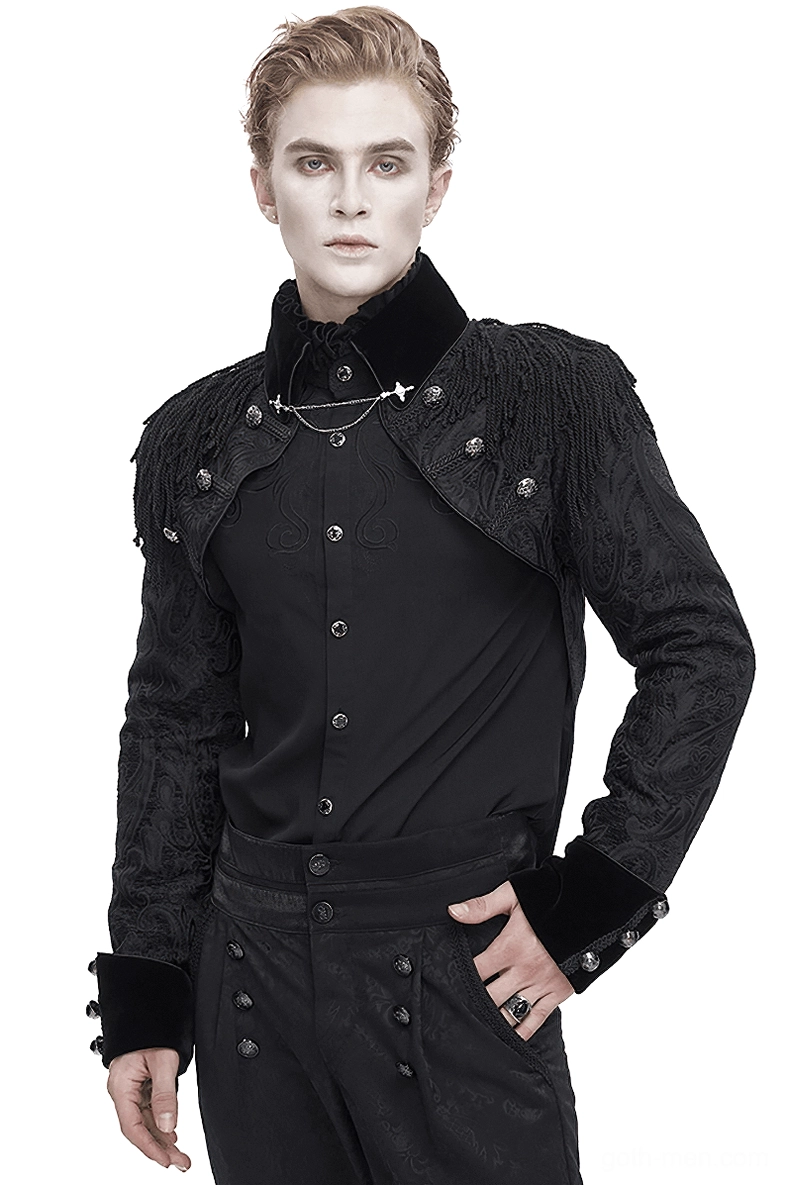 Black velvet gothic tailcoat with paisley jacquard weave and shoulder tassels, front full-body view on male model