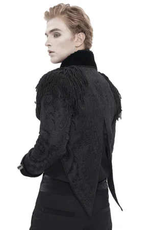 Gothic tailcoat rear view showing central back slit tail design and velvet stand collar with paisley embroidery