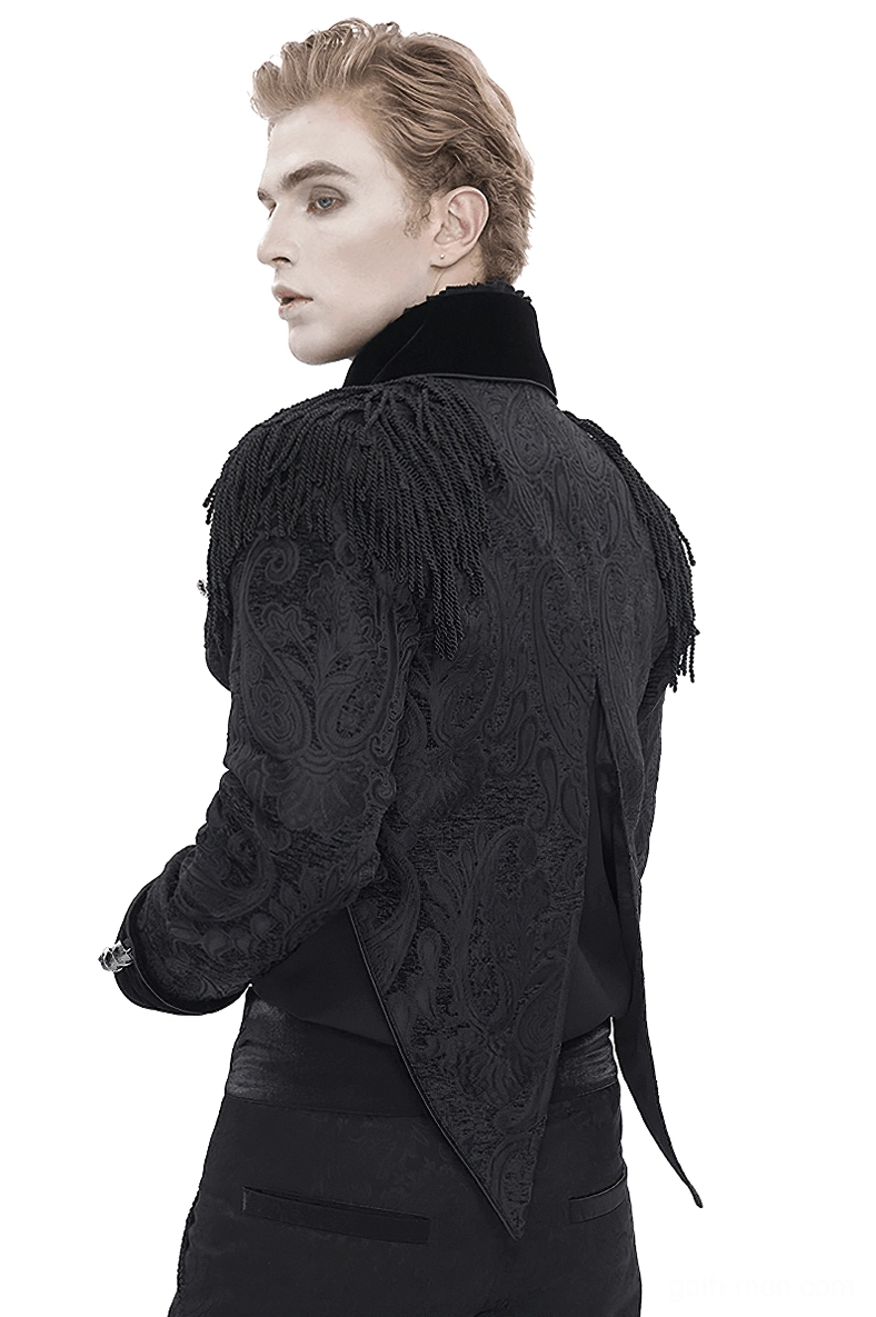 Gothic tailcoat rear view showing central back slit tail design and velvet stand collar with paisley embroidery