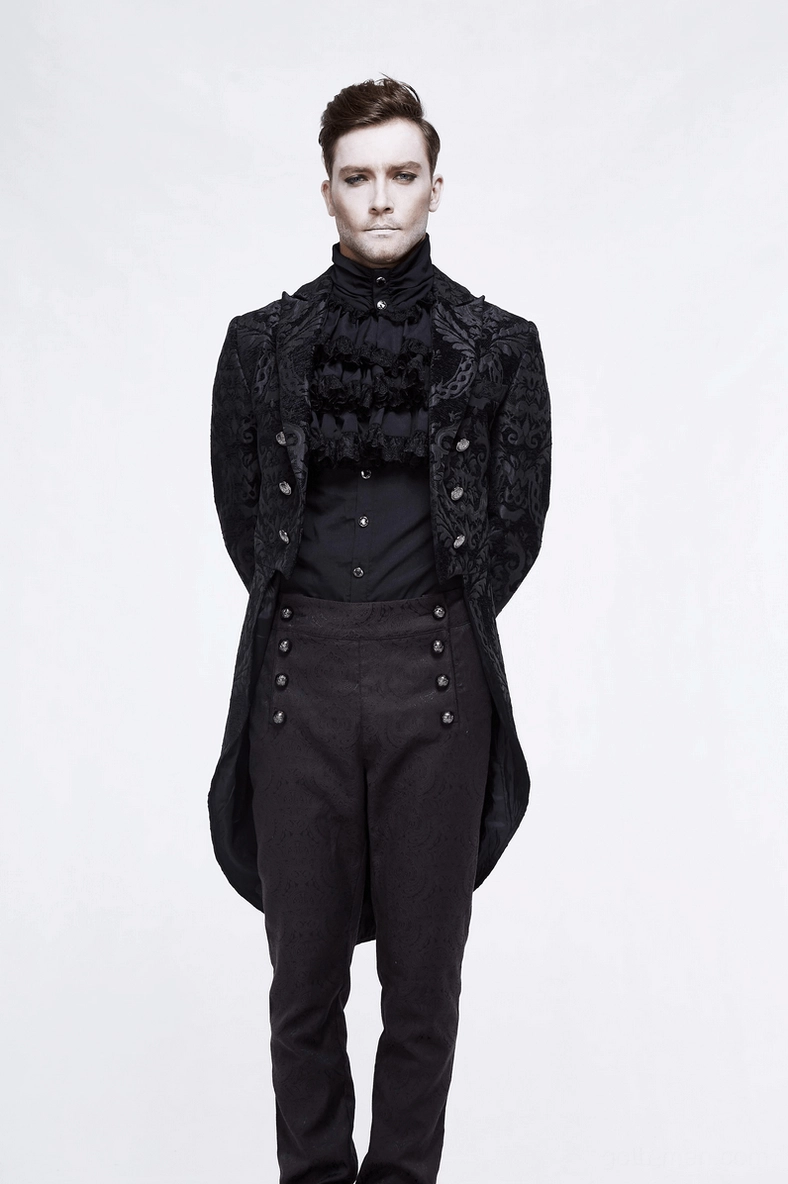 Black gothic tailcoat rear full-body on male model – decorative back buttons and ruffled neck trim
