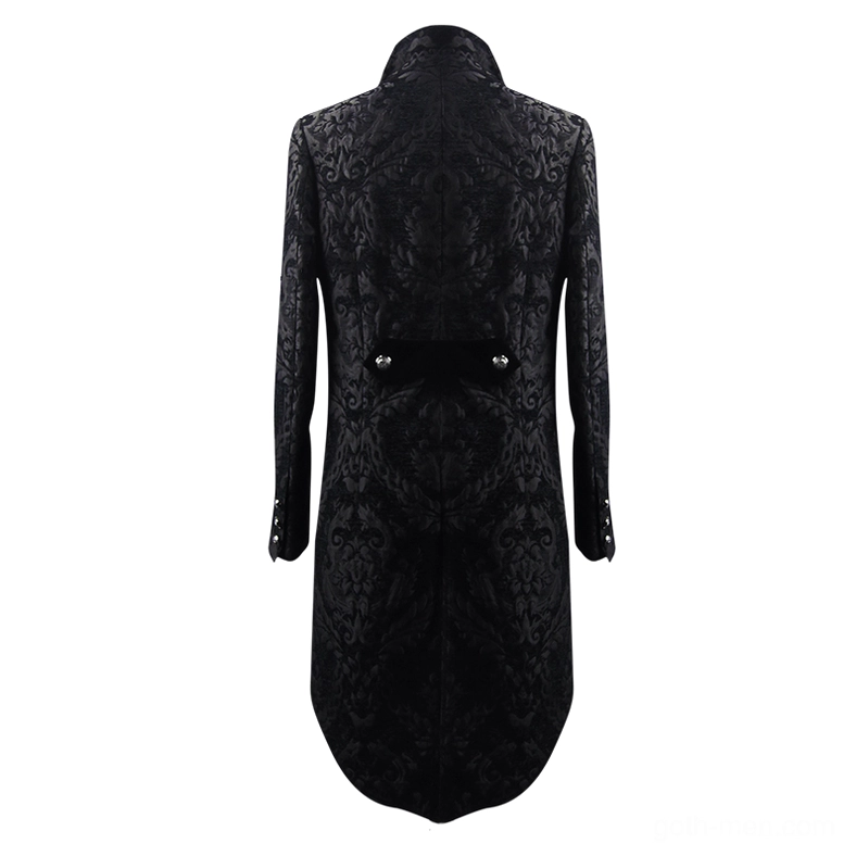 Black gothic tailcoat rear view on dress form – full jacquard pattern with waist buttons and tail hem