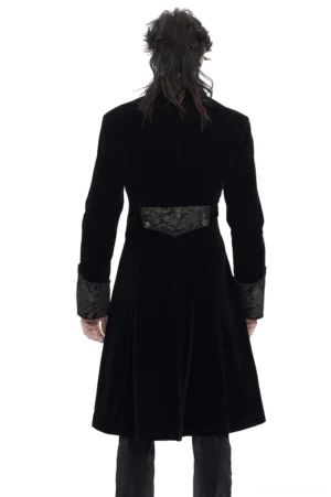 Black gothic tailcoat rear view showing extended train hem and embellished back waist detail