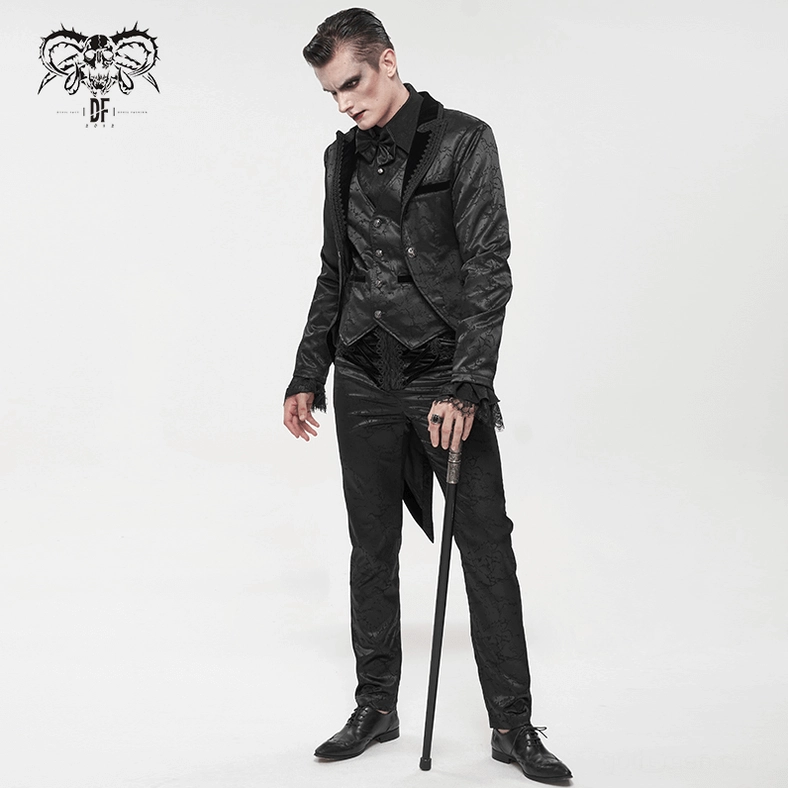 Black gothic tailcoat detailed construction view, showing seam work and tailored architecture of jacket