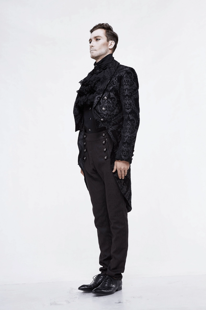 Black gothic tailcoat side full-body view on male model – leather dress shoes and formal trousers