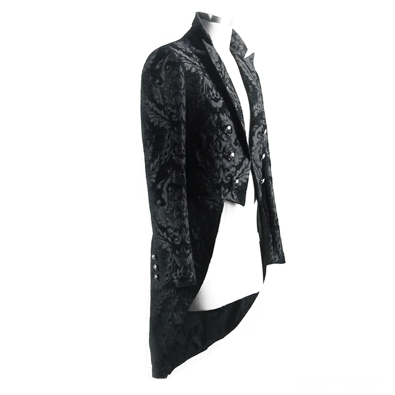 Black gothic tailcoat side profile on dress form – tailored cut with jacquard weave texture