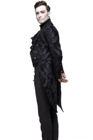 Black gothic tailcoat side rear angle on male model – fitted silhouette with jacquard texture detail