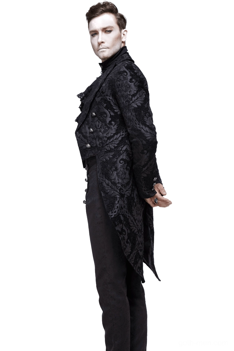 Black gothic tailcoat side rear angle on male model – fitted silhouette with jacquard texture detail