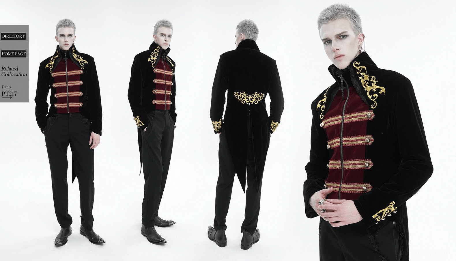 Black gothic tailcoat stand-up collar with complete gold embroidery and tail hem styling
