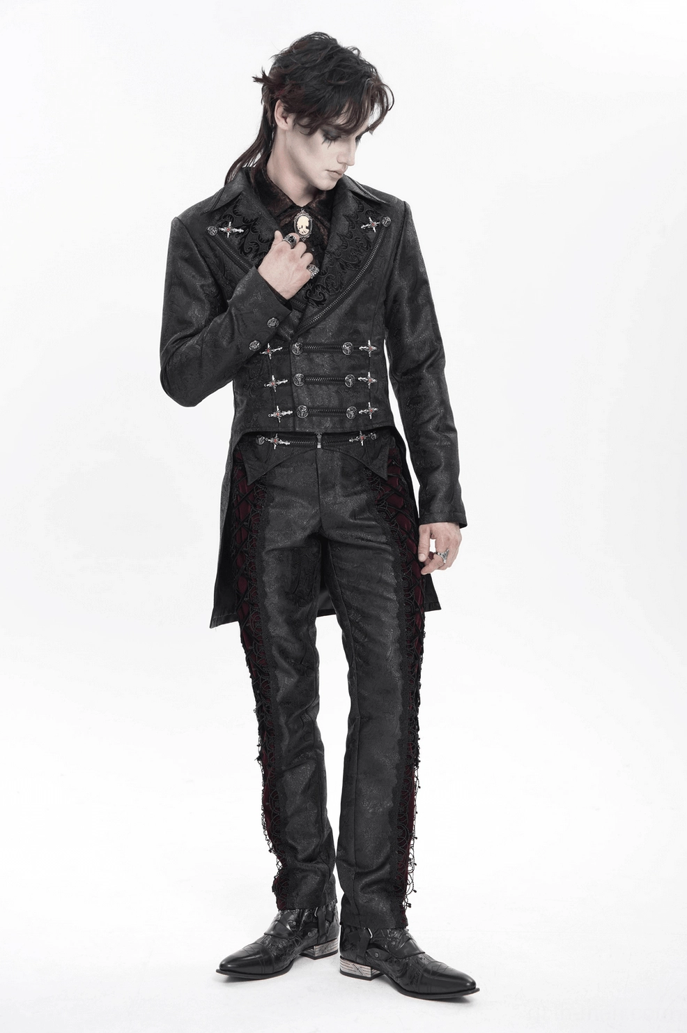 Black gothic tailcoat studio photography - full body mannequin shot displaying complete jacket design with cross closures and layered details