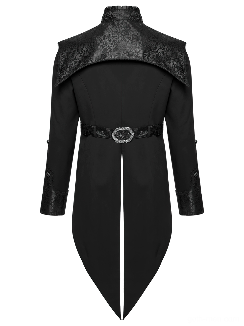 Black gothic tailcoat tuxedo back flat lay showcasing jacquard shoulder panels and waist definition