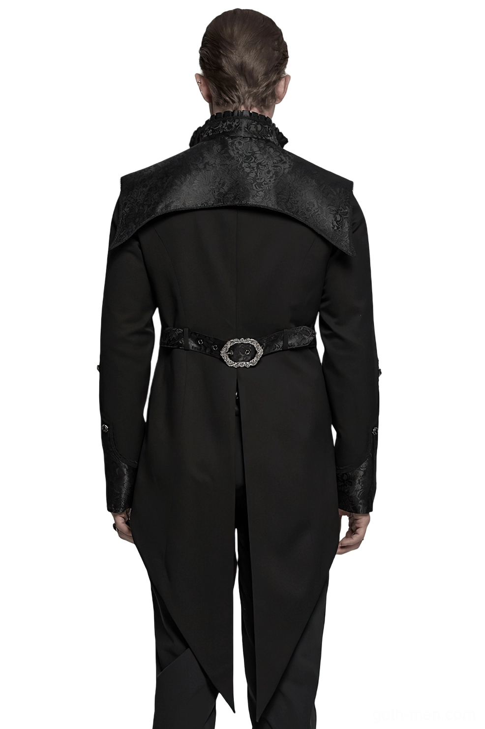 Black gothic tailcoat tuxedo back view showing split tail hem and decorative waist belt