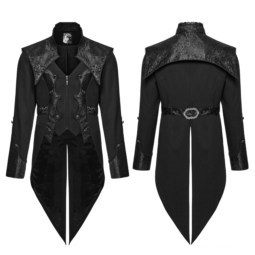 Black gothic tailcoat tuxedo flat lay front and back detail showing jacquard texture and ornamental buckles