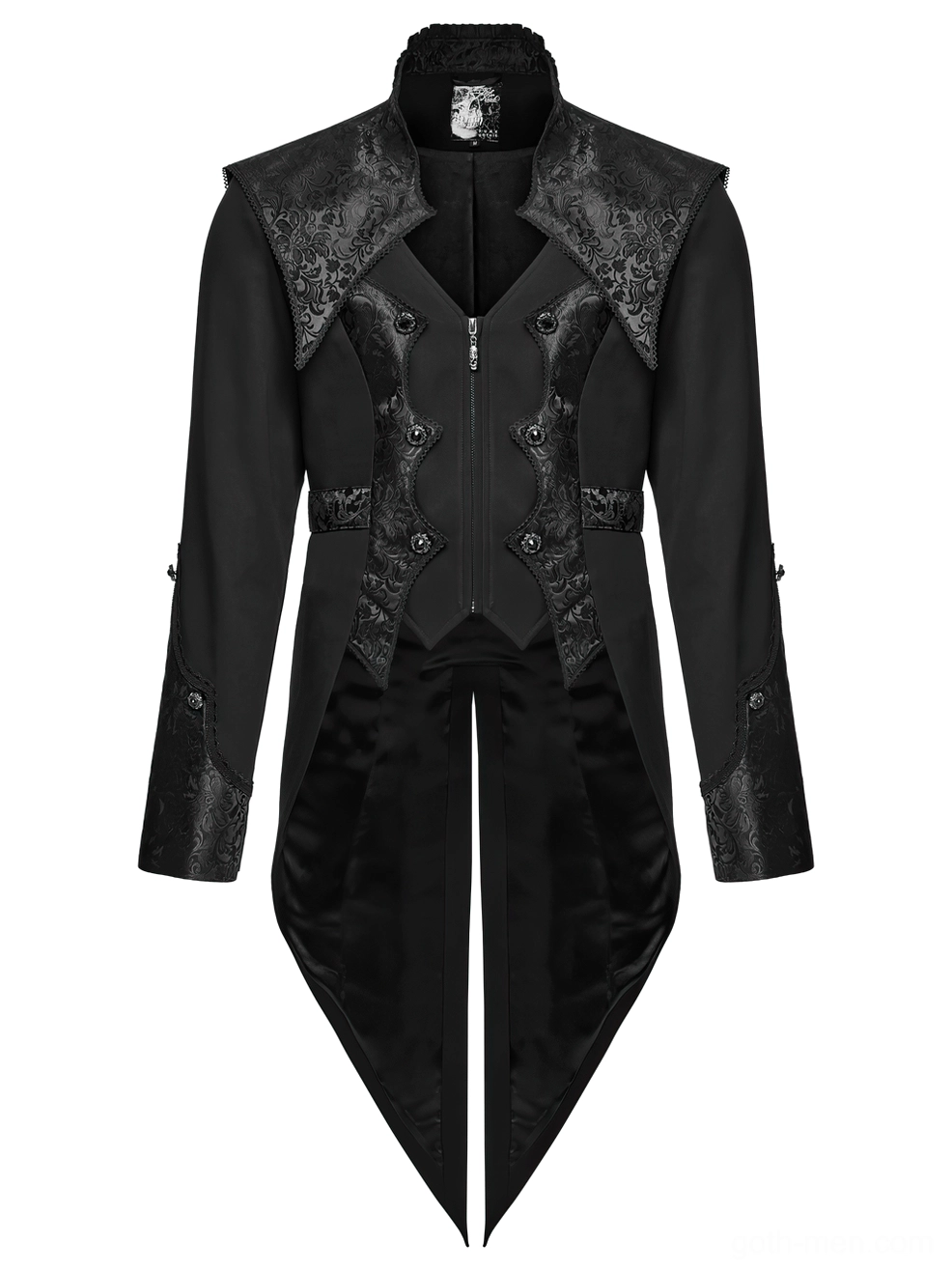 Black gothic tailcoat tuxedo front flat lay featuring floral jacquard paneling and split tail hem