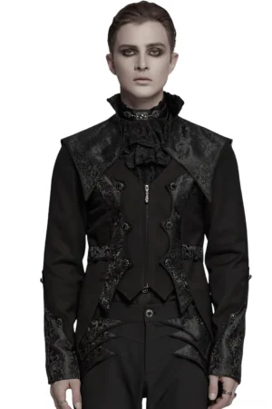 Black gothic tailcoat tuxedo front view featuring skull metal zipper and ornate jacquard panels