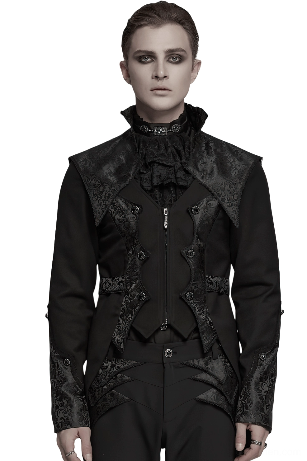 Black gothic tailcoat tuxedo front view featuring skull metal zipper and ornate jacquard panels