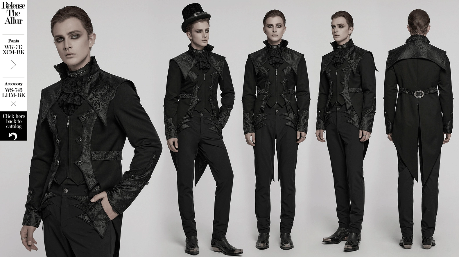 Black gothic tailcoat tuxedo hero shot front presentation emphasizing ornate hardware and jacquard design