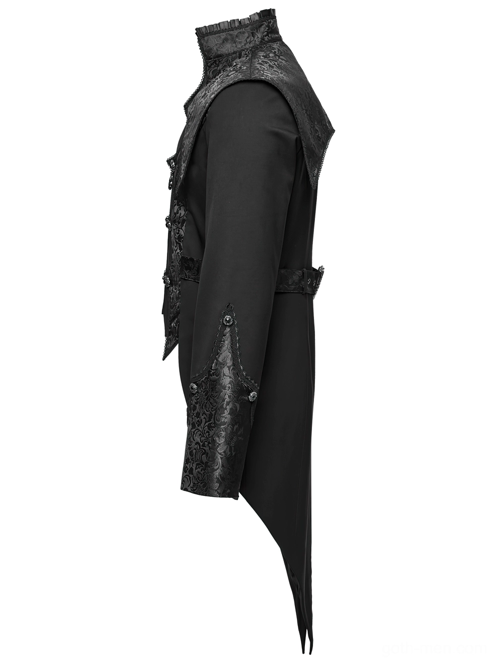 Black gothic tailcoat tuxedo side profile showing structured silhouette and jacquard sleeve details