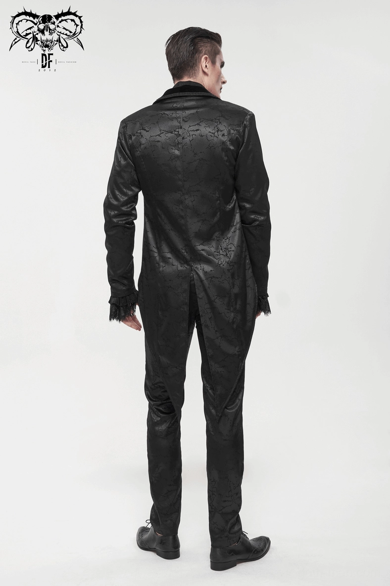 Black gothic tailcoat suit detail, capturing velvet collar and jacquard texture from alternative angle