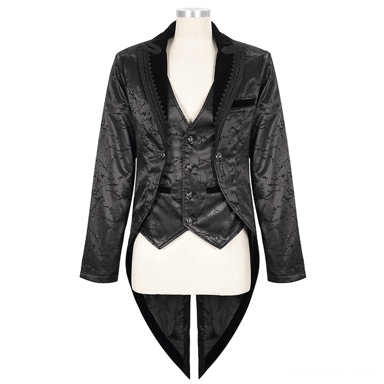 Black gothic tailcoat vest set on dress form mannequin, front view with decorative embossed buttons and long tail hem detail