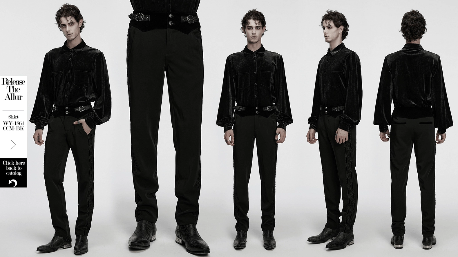 Black gothic tailored slim-fit trousers with velvet waist and ornate lace panels - product overview