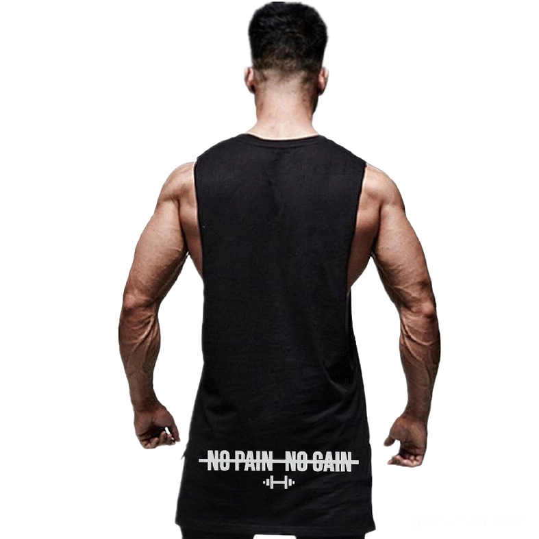 Black gothic sleeveless shirt back view - men's tank vest with bold NO PAIN NO GAIN typography print