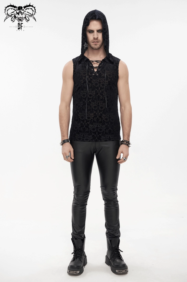 Black gothic tank top with raised hood and chest lace-up strings, front alternative fashion view