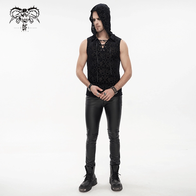 Black gothic sleeveless tank top with velvet floral print and attached hood, alternative fashion detail shot