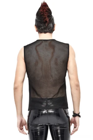 Black gothic sleeveless tank top back view showing sheer mesh fabric and elasticated waist hem on model