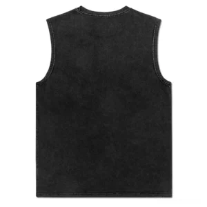 Rear view flat lay of black gothic tank top showing solid back design and crew neck construction