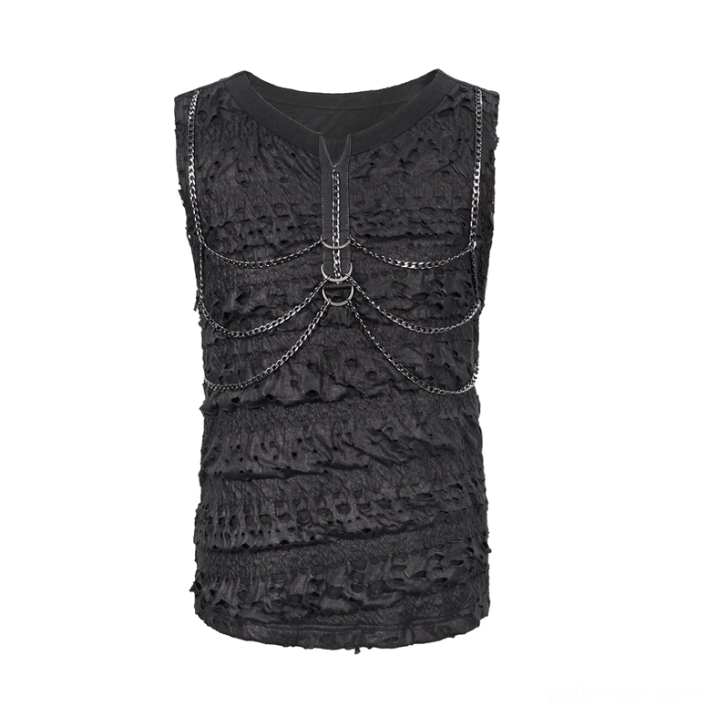 Flat lay front view of black gothic chain sleeveless tank top with distressed ruffles and metal hardware