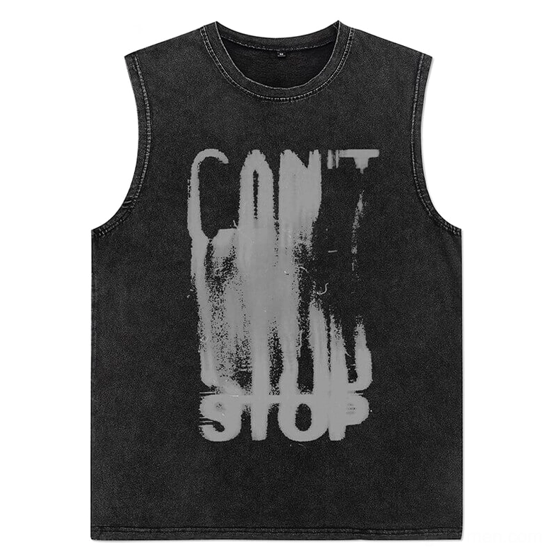 Front flat lay of black gothic tank top featuring distressed letter graphic print and washed cotton fabric texture