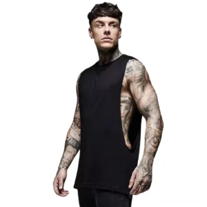 Black gothic sleeveless tank top front view - men's crew neck cutaway vest with rebellious streetwear style