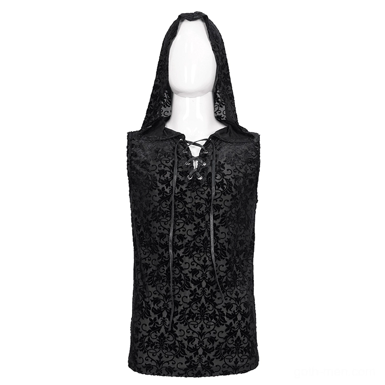 Men's black gothic tank top with raised hood and velvet floral texture, mannequin front view with hood up