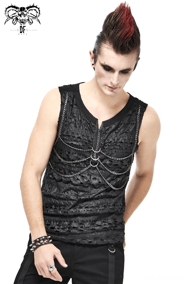 Style detail of gothic chain tank top showing distressed texture and punk-gothic aesthetic