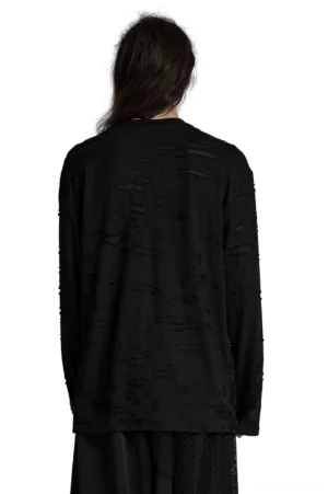 Distressed gothic long sleeve sweater back view showing irregular tattered panel details and layered distressing